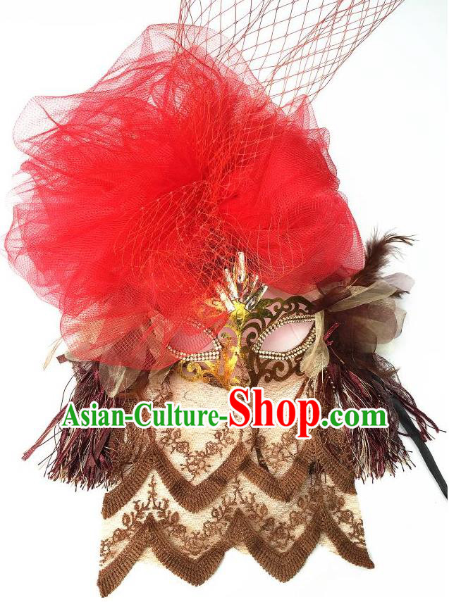 Top Grade Chinese Theatrical Luxury Headdress Ornamental Red Lace Mask, Halloween Fancy Ball Ceremonial Occasions Handmade Veil Face Mask for Women