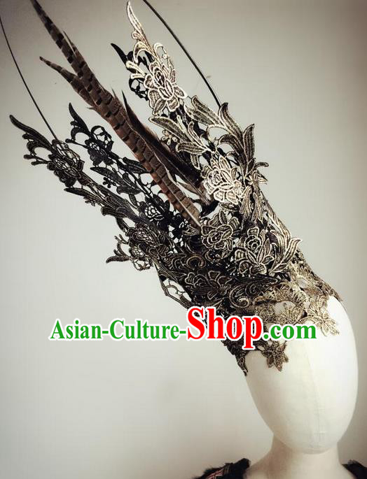 Top Grade Chinese Theatrical Luxury Headdress Ornamental Golden Royal Crown, Halloween Fancy Ball Asian Headpieces Model Show Lace Headwear for Women