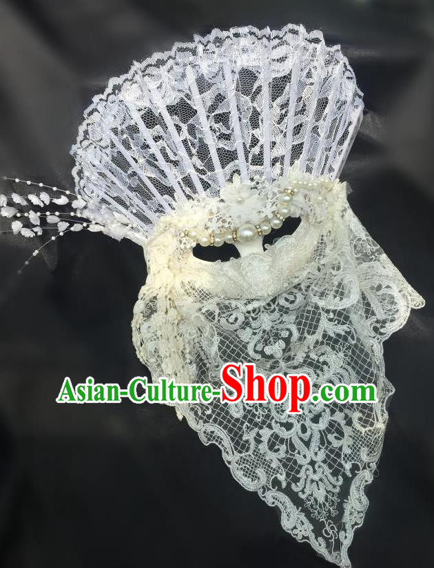 Top Grade Chinese Theatrical Luxury Headdress Ornamental White Lace Mask, Halloween Fancy Ball Asian Headpieces Model Show Headwear for Women