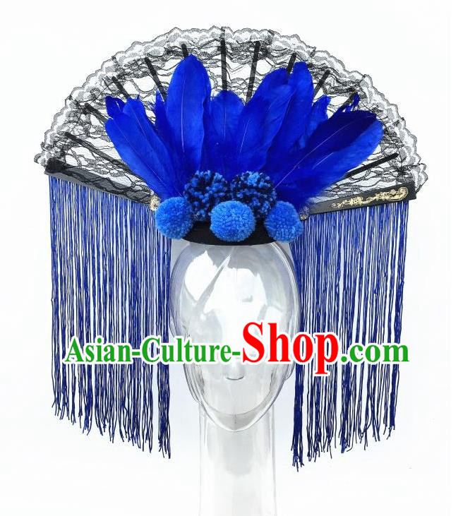 Top Grade Chinese Asian Headpiece Headpieces Model Show Blue Tassel Headdress, Ceremonial Occasions Handmade Traditional Ornamental Flowers Floral Headdress for Women