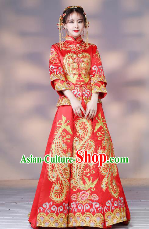 Traditional Ancient Chinese Wedding Costume Handmade XiuHe Suits Embroidery Phoenix Red Dress Bride Toast Cheongsam, Chinese Style Hanfu Wedding Clothing for Women