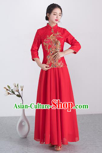 Traditional Ancient Chinese Wedding Costume Handmade XiuHe Suits Embroidery Peacock Longfeng Gown Bride Toast Plated Buttons Cheongsam, Chinese Style Hanfu Wedding Clothing for Women