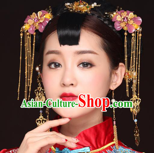 Traditional Handmade Chinese Ancient Classical Hair Accessories Bride Wedding Tassel Pink Flower Hair Comb, Xiuhe Suit Hair Jewellery Hair Fascinators Hairpins for Women
