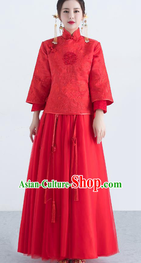 Traditional Ancient Chinese Wedding Costume Handmade XiuHe Suits Embroidery Red Veil Dress Bride Toast Cheongsam, Chinese Style Hanfu Wedding Clothing for Women