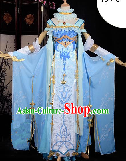Chinese Ancient Cosplay Han Dynasty Royal Princess Costumes, Chinese Traditional Blue Dress Clothing Chinese Cosplay Swordsman Costume for Women