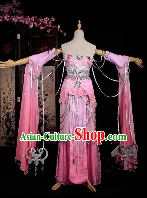 Chinese Ancient Cosplay Han Dynasty Young Lady Water Sleeve Costumes, Chinese Traditional Pink Dress Clothing Chinese Cosplay Swordsman Costume for Women