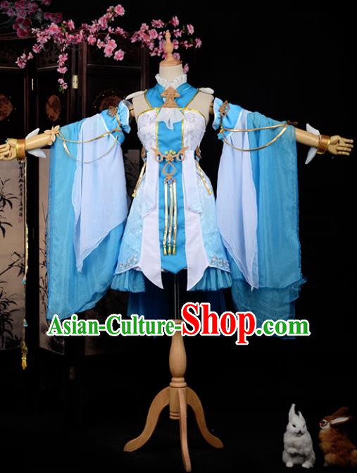 Chinese Ancient Cosplay Han Dynasty Young Lady Costumes, Chinese Traditional Blue Clothing Chinese Cosplay Swordsman Costume for Women