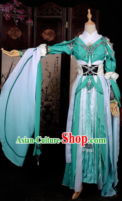 Chinese Ancient Cosplay Tang Dynasty Swordswoman Costumes, Chinese Traditional Green Hanfu Dress Clothing Chinese Cosplay Imperial Princess Costume for Women