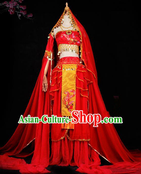 Chinese Ancient Cosplay Tang Dynasty Palace Lady Dance Costumes, Chinese Traditional Red Hanfu Dress Clothing Chinese Cosplay Imperial Princess Costume for Women