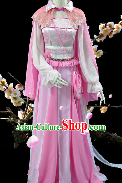 Chinese Ancient Cosplay Swordswoman Pink Costumes, Chinese Traditional Dress Clothing Chinese Cosplay Princess Costume for Women