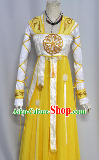 Chinese Ancient Cosplay Han Dynasty Princess Costumes, Chinese Traditional Yellow Dress Clothing Chinese Cosplay Palace Lady Costume for Women