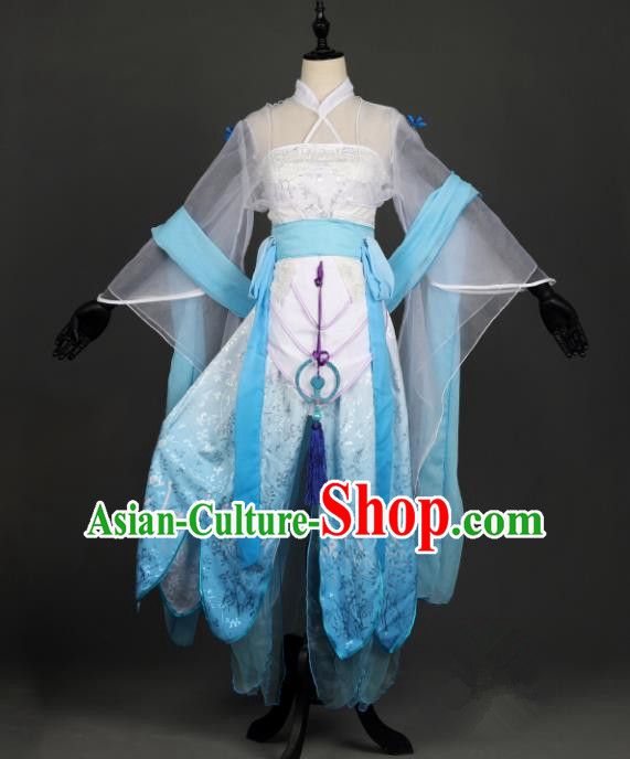 Chinese Ancient Cosplay Han Dynasty Young Lady Costumes, Chinese Traditional Embroidery Blue Hanfu Dress Clothing Chinese Swordswoman Fairy Costume for Women