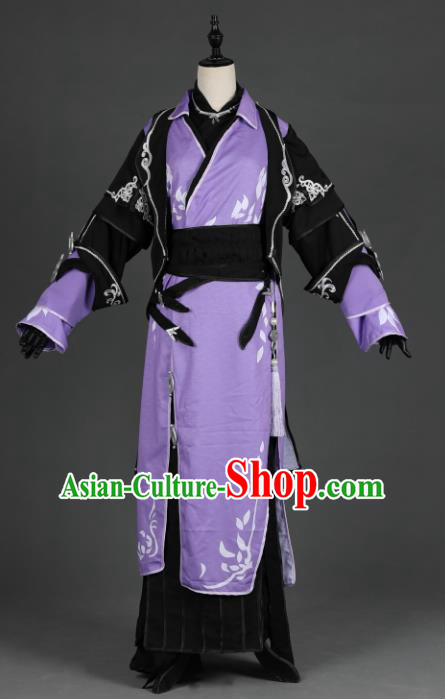 Chinese Ancient Cosplay Han Dynasty Prince Costumes, Chinese Traditional Embroidery Purple Hanfu Dress Clothing Chinese Swordsman Costume for Men