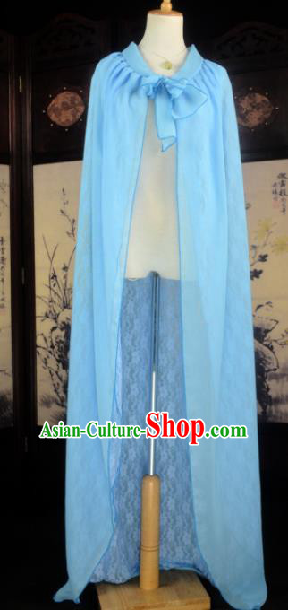 Chinese Ancient Cosplay Tang Dynasty Imperial Princess Fairy Blue Cloak, Chinese Traditional Hanfu Dress Clothing Chinese Palace Lady Cape for Women