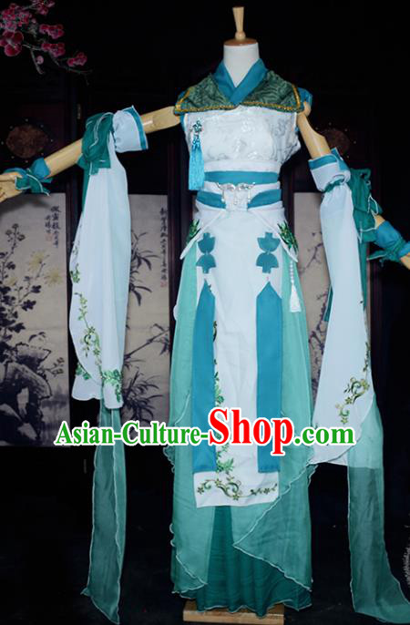 Chinese Ancient Cosplay Tang Dynasty Swordswoman Embroidery Green Dress, Chinese Traditional Hanfu Clothing Chinese Fairy Costume for Women