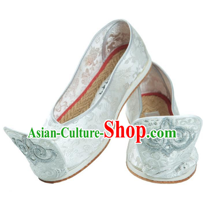 Traditional Chinese Ancient Cloth Shoes, China Princess Satin Shoes Handmade White Become Warped Head Shoe for Women
