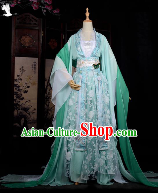 Chinese Ancient Cosplay Tang Dynasty Princess Embroidery Green Dress, Chinese Traditional Hanfu Clothing Chinese Fairy Costume for Women
