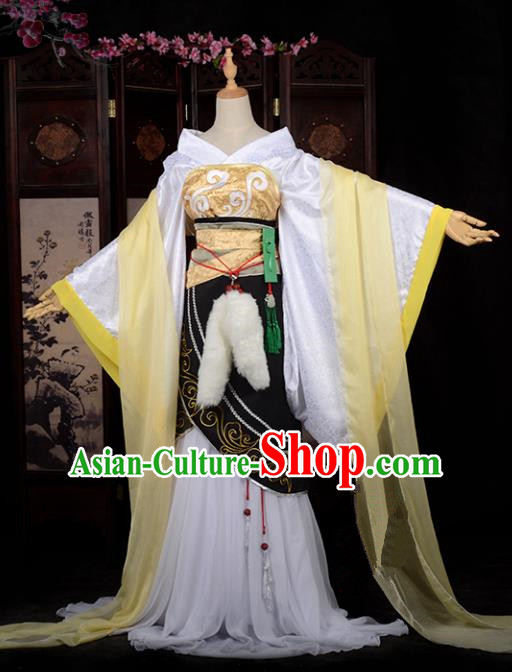Chinese Ancient Cosplay Tang Dynasty Princess Embroidery Yellow Dress, Chinese Traditional Hanfu Clothing Chinese Fairy Costume for Women