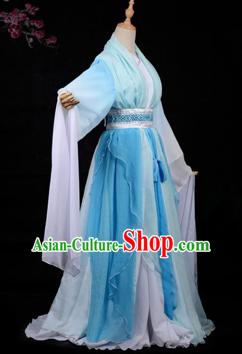 Chinese Ancient Cosplay Tang Dynasty Palace Lady Embroidery Blue Water Sleeve Dress, Chinese Traditional Hanfu Clothing Chinese Princess Fairy Costume for Women