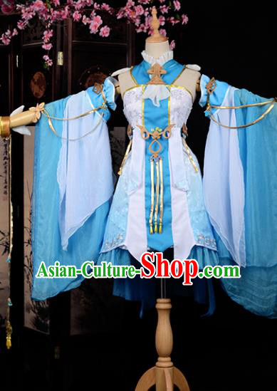 Chinese Ancient Cosplay Tang Dynasty Young Lady Embroidery Blue Dress, Chinese Traditional Hanfu Clothing Chinese Princess Fairy Costume for Women