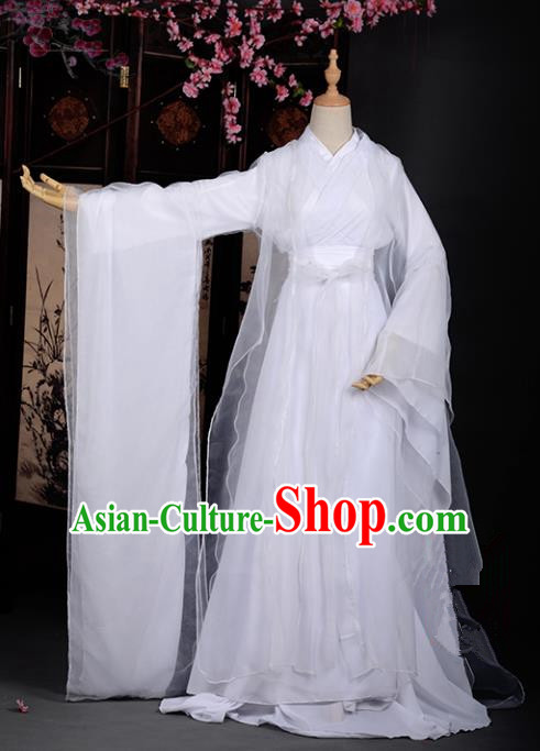 Chinese Ancient Cosplay Tang Dynasty Little Dragon Maiden White Dress, Chinese Traditional Hanfu Clothing Chinese Princess Fairy Costume for Women