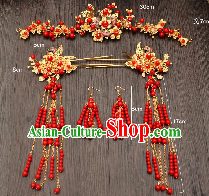 Traditional Handmade Chinese Ancient Classical Hair Accessories Xiuhe Suit Red Beads Hairpin, Step Shake Hair Sticks Hair Jewellery, Hair Fascinators Hairpins for Women