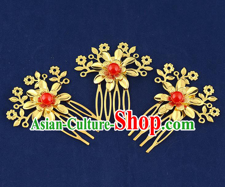 Traditional Handmade Chinese Ancient Classical Hair Accessories Xiuhe Suit Red Bead Golden Flower Hairpin Hair Comb, Hair Sticks Hair Jewellery Hair Fascinators for Women