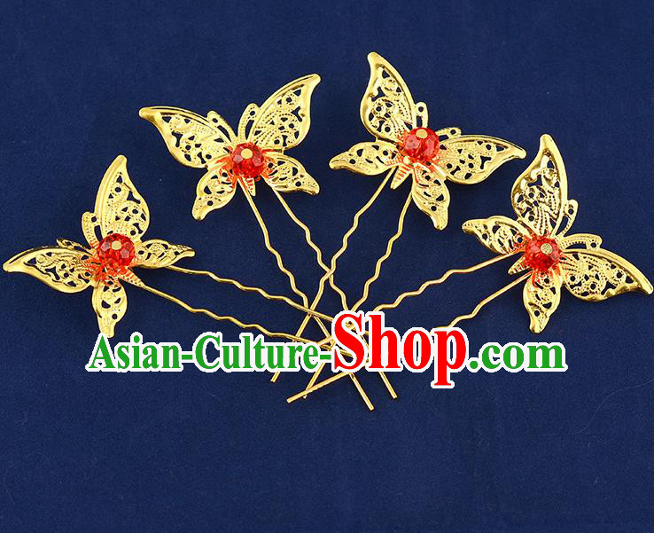 Traditional Handmade Chinese Ancient Classical Hair Accessories Xiuhe Suit Red Beads Butterfly Hairpin Hair Comb, Hair Sticks Hair Jewellery Hair Fascinators for Women