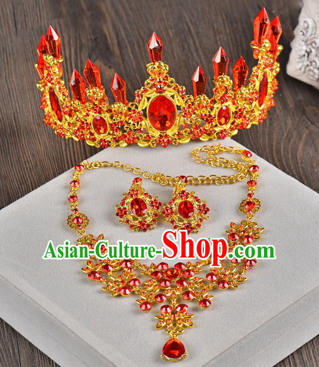 Top Grade Handmade Chinese Classical Hair Accessories Baroque Style Red Crystal Queen Royal Crown and Necklace Earrings, Hair Sticks Hair Jewellery Hair Clasp for Women