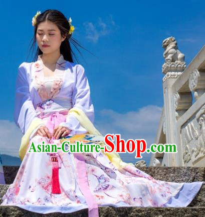 Traditional Chinese Han Dynasty Young Lady Costume, China Ancient Hanfu Dress Princess Peri Embroidery Clothing for Women