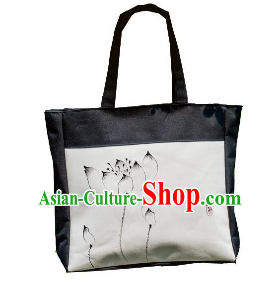 Traditional Handmade Chinese Printing Lotus Bags, China Ancient Canvas Handbags for Women