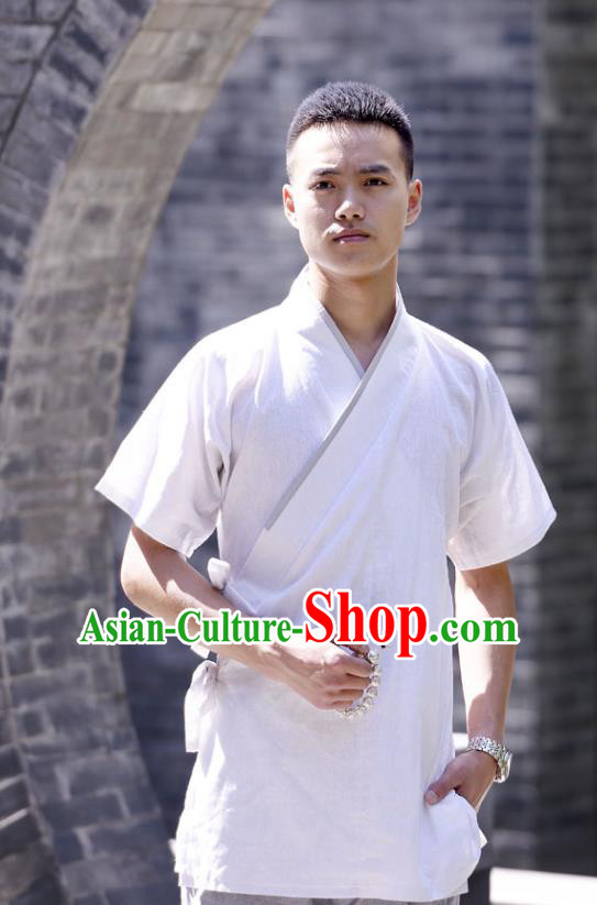 Traditional Chinese Han Dynasty Nobility Childe Hanfu Costume Slant Opening White Shirt, China Ancient Martial Arts Upper Garment Clothing for Men