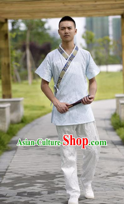 Traditional Chinese Han Dynasty Nobility Childe Hanfu Costume Slant Opening White Satin Shirt, China Ancient Martial Arts Upper Garment Clothing for Men