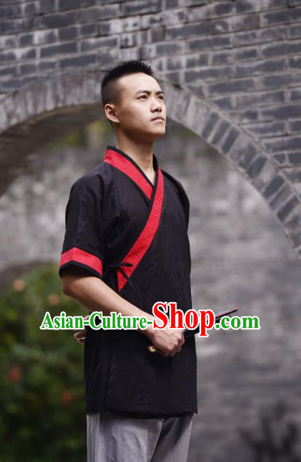 Traditional Chinese Han Dynasty Nobility Childe Hanfu Costume Slant Opening Black Linen Shirt, China Ancient Martial Arts Upper Garment Clothing for Men