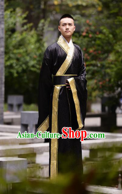 Traditional Chinese Han Dynasty Nobility Childe Hanfu Costume Black Long Robe, China Ancient Minister Clothing for Men