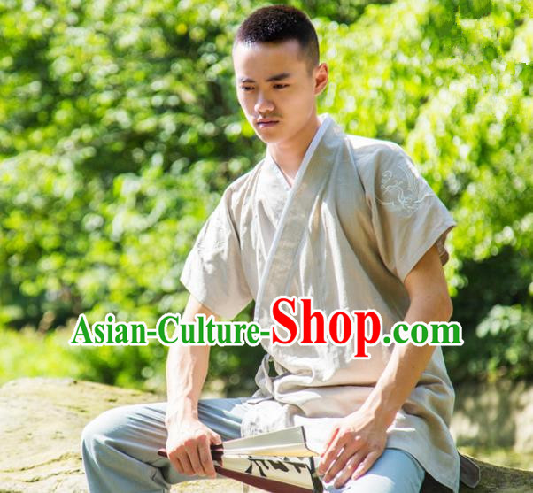 Traditional Ancient Chinese National Costume Hanfu Beige Shirts, China Tang Suit Upper Outer Garment Embroidery Clothing for Men