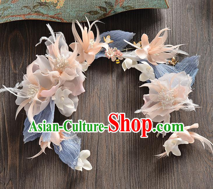 Top Grade Handmade Chinese Classical Hair Accessories Baroque Style Pink Flowers Feather Garland, Bride Hair Sticks Hair Clasp for Women