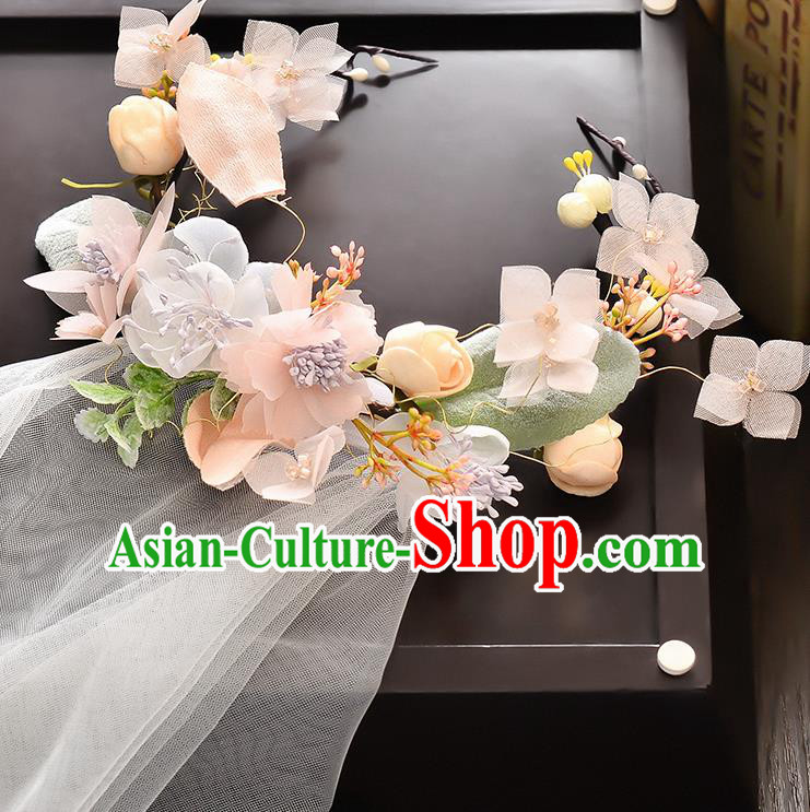 Top Grade Handmade Chinese Classical Hair Accessories Baroque Style Wedding Pink Flowers Garland and Veil, Bride Hair Sticks Hair Clasp for Women
