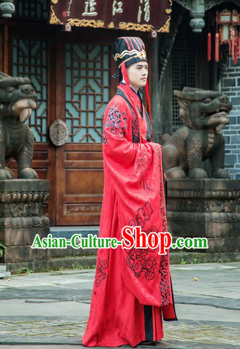 Traditional Chinese Han Dynasty Prince Hanfu Wedding Costume, China Ancient Red Palace Embroidery Clothing for Men