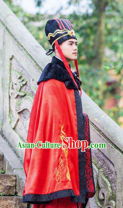 Traditional Chinese Han Dynasty Prince Hanfu Costume Red Cloak, China Ancient Scholar Embroidery Cape Clothing for Men