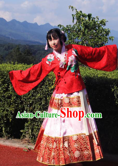 Traditional Chinese Ming Dynasty Imperial Consort Hanfu Costume Pink Horse Face Skirt, China Ancient Dress Palace Princess Embroidery Clothing for Women