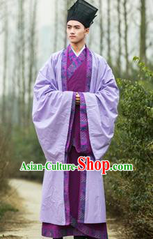 Traditional Chinese Han Dynasty Nobility Childe Hanfu Costume Purple Long Robe, China Ancient Scholar Cloak Clothing for Men