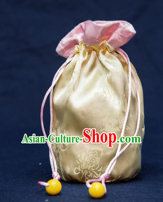 Traditional Handmade Chinese Ancient Young Lady Pouch Yellow Handbags, China Hanfu Embroidery Satin Sachet for Women