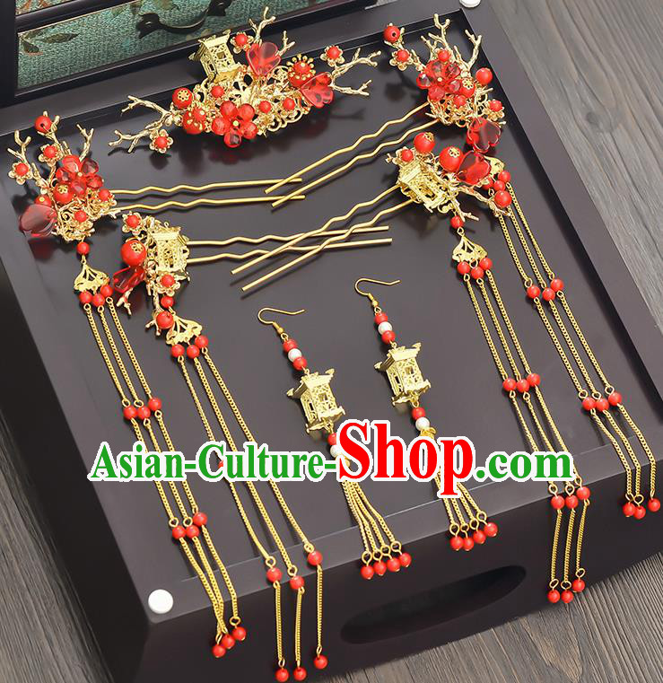 Traditional Handmade Chinese Ancient Classical Hair Accessories Xiuhe Suit Red Beads Tassel Hairpin Step Shake Phoenix Coronet Complete Set, Hair Sticks Hair Jewellery Hair Fascinators for Women