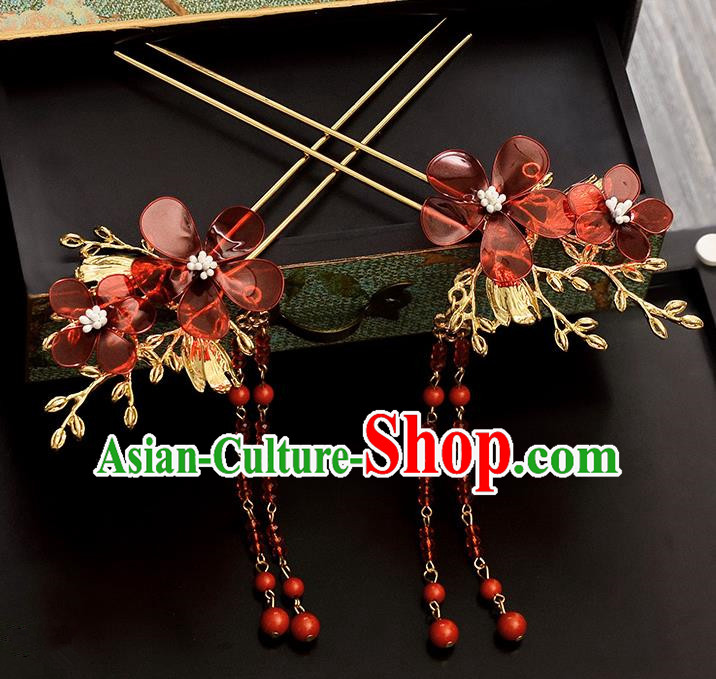 Traditional Handmade Chinese Ancient Classical Hair Accessories Barrettes Hanfu Hairpin Red Flower Tassel Step Shake, Bride Hair Fascinators Hairpins for Women