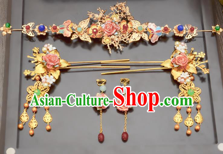Traditional Handmade Chinese Ancient Classical Hair Accessories Xiuhe Suit Pink Flowers Tassel Hairpin Phoenix Coronet Complete Set, Step Shake Hair Sticks Hair Jewellery Hair Fascinators for Women