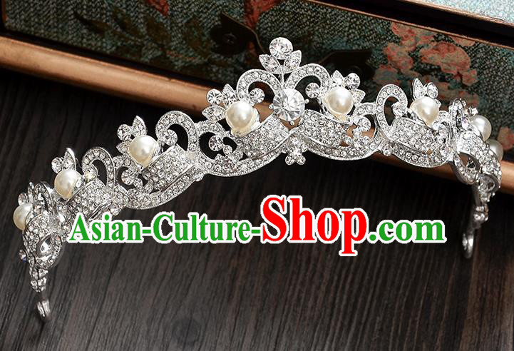 Top Grade Handmade Chinese Classical Hair Accessories Baroque Style CZ Diamond Pearls Wedding Royal Crown, Bride Princess Hair Jewellery Hair Clasp for Women