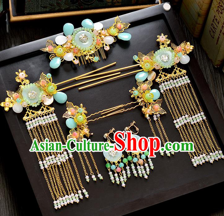 Traditional Handmade Chinese Ancient Wedding Hair Accessories Xiuhe Suit Pearls Tassel Hair Comb Complete Set, Bride Hanfu Hair Sticks Hair Jewellery for Women