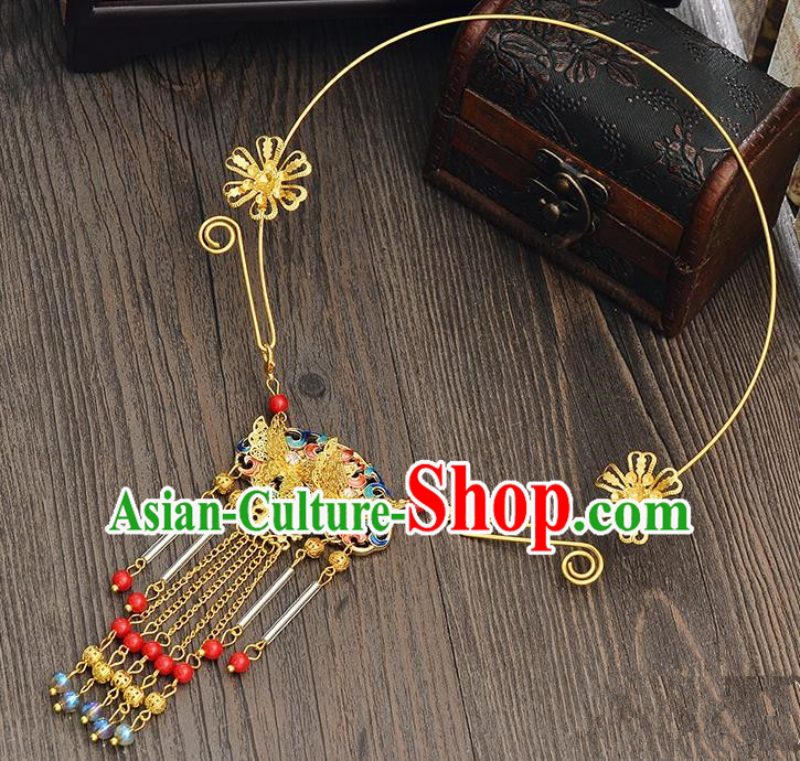Top Grade Handmade Chinese Classical Jewelry Accessories Xiuhe Suit Wedding Necklace Bride Blueing Butterfly Tassel Collar Necklet for Women