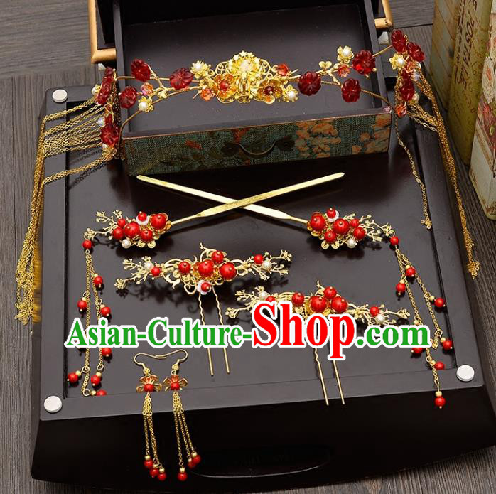 Traditional Handmade Chinese Ancient Classical Hair Accessories Xiuhe Suit Tassel Hairpin Phoenix Coronet Complete Set, Step Shake Hair Sticks Hair Jewellery for Women